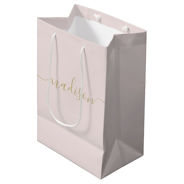 Custom Girly Chic Feminine Gold Script Blush Pink Medium Gift Bag (Front Angled)