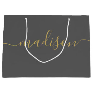 Custom Girly Chic Modern Feminine Gold Script Gray Large Gift Bag