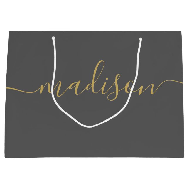 Custom Girly Chic Modern Feminine Gold Script Gray Large Gift Bag (Front)