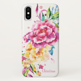 Custom Girly Chic Pink Pretty Watercolor Floral iPhone X Case