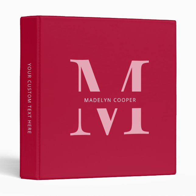 Custom Girly Chic Red Pink Monogram Office School 3 Ring Binder (Front/Spine)