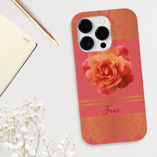 Custom Girly Floral Pink and Golden Damask Lace Case-Mate iPhone 14 Pro Case