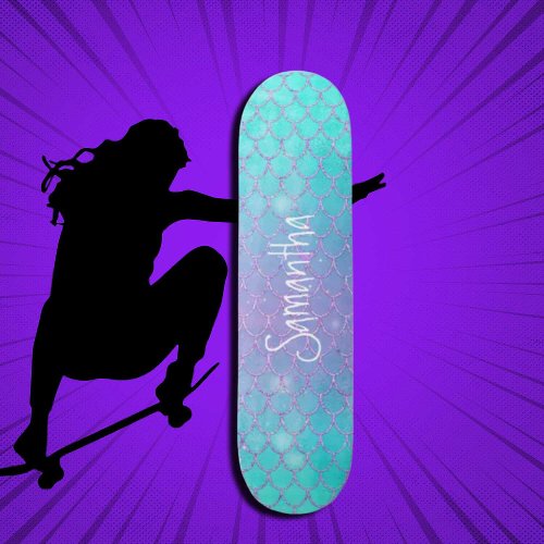 Custom Girly Glitter Mermaid Blue and Pink Skateboard