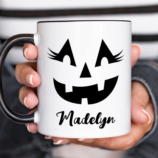 Custom Girly Jack O Lantern Pumpkin Face Halloween Mug (Creator Uploaded)