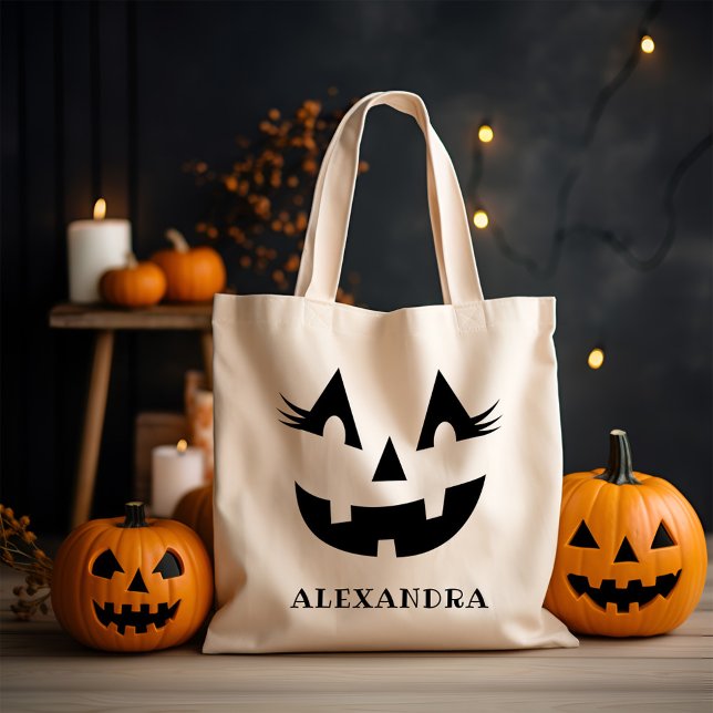 Custom Girly Jack O Lantern Pumpkin Face Halloween Tote Bag (Creator Uploaded)