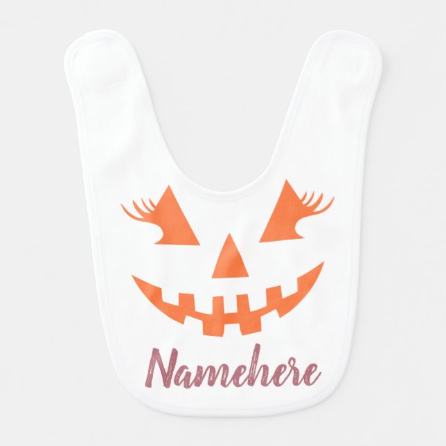 Custom Girly Jack O Lantern Pumpkin Halloween Baby Bib (Front)