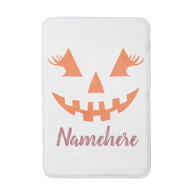 Custom Girly Jack O Lantern Pumpkin Halloween Bath Mat (Front Vertical)