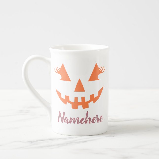 Custom Girly Jack O Lantern Pumpkin Halloween Bone China Mug (Left)