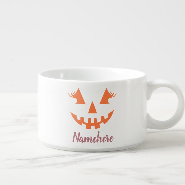 Custom Girly Jack O Lantern Pumpkin Halloween Bowl (Left)