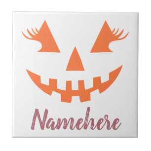 Custom Girly Jack O Lantern Pumpkin Halloween Ceramic Tile
