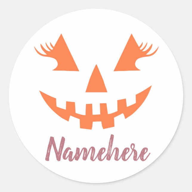 Custom Girly Jack O Lantern Pumpkin Halloween Classic Round Sticker (Front)