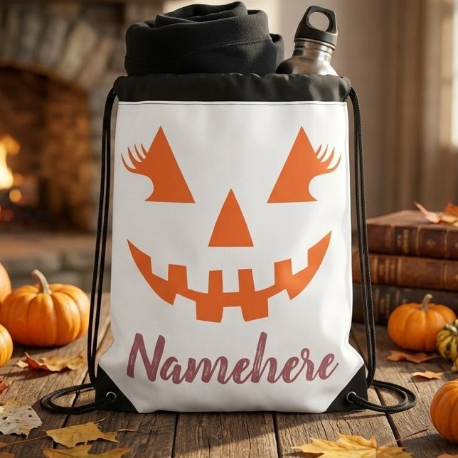 Custom Girly Jack O Lantern Pumpkin Halloween Drawstring Bag (Creator Uploaded)