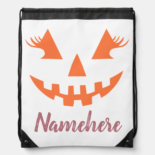 Custom Girly Jack O Lantern Pumpkin Halloween Drawstring Bag (Front)