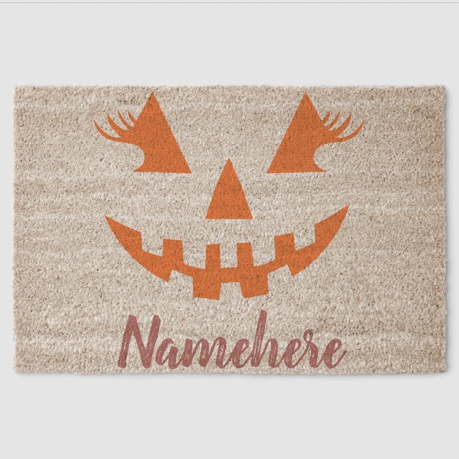 Custom Girly Jack O Lantern Pumpkin Halloween Fiber Doormat (Front)