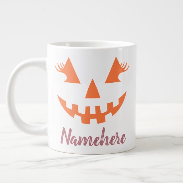 Custom Girly Jack O Lantern Pumpkin Halloween Giant Coffee Mug (Left)