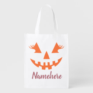 Custom Girly Jack O Lantern Pumpkin Halloween Grocery Bag