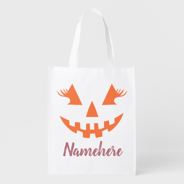 Custom Girly Jack O Lantern Pumpkin Halloween Grocery Bag (Front)