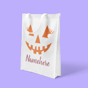Custom Girly Jack O Lantern Pumpkin Halloween Grocery Bag