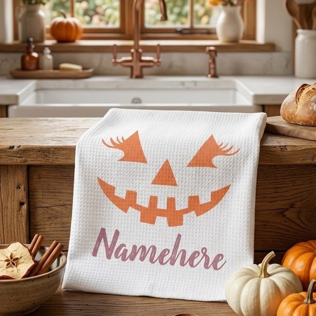 Custom Girly Jack O Lantern Pumpkin Halloween Kitchen Towel (Creator Uploaded)