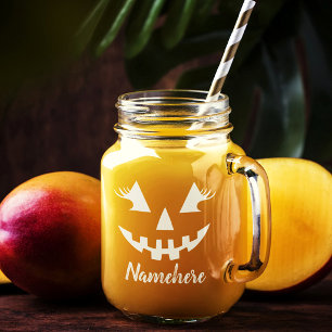 Custom Girly Jack O Lantern Pumpkin Halloween Mason Jar W/ Handle