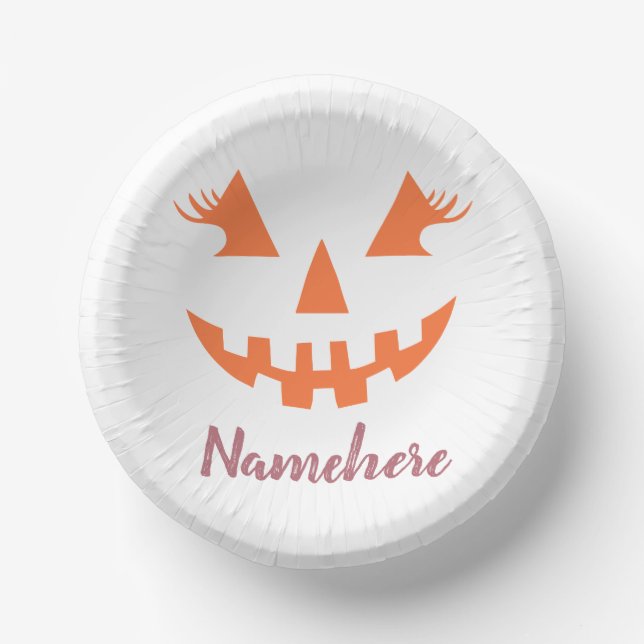 Custom Girly Jack O Lantern Pumpkin Halloween Paper Bowls (Front)