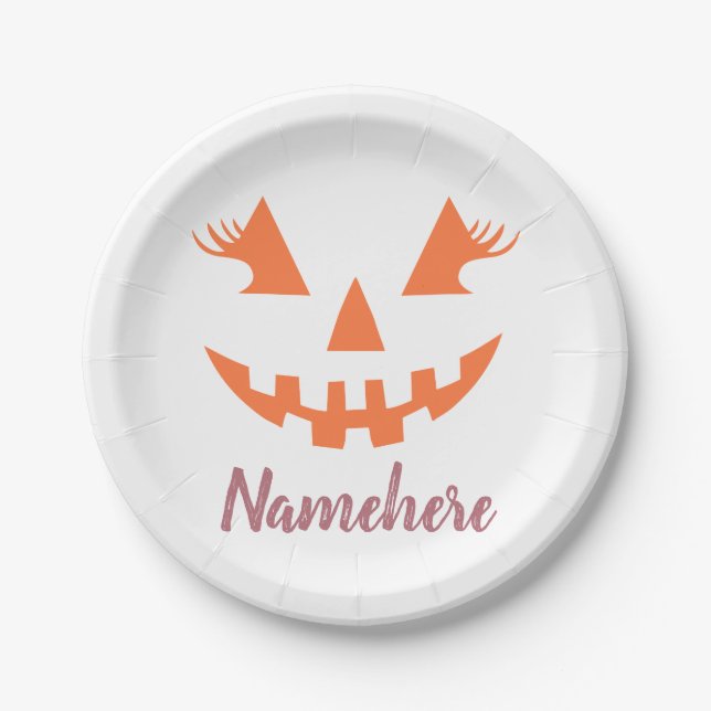 Custom Girly Jack O Lantern Pumpkin Halloween Paper Plates (Front)
