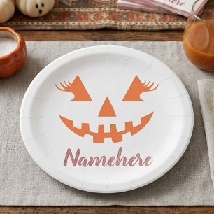 Custom Girly Jack O Lantern Pumpkin Halloween Paper Plates