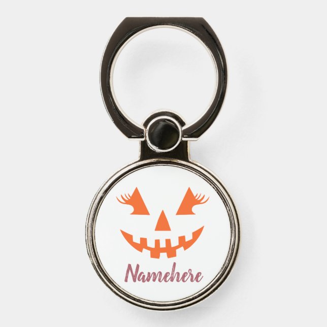 Custom Girly Jack O Lantern Pumpkin Halloween Phone Ring Stand (Front)