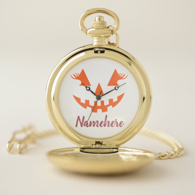 Custom Girly Jack O Lantern Pumpkin Halloween Pocket Watch (Inside)