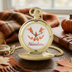 Custom Girly Jack O Lantern Pumpkin Halloween Pocket Watch