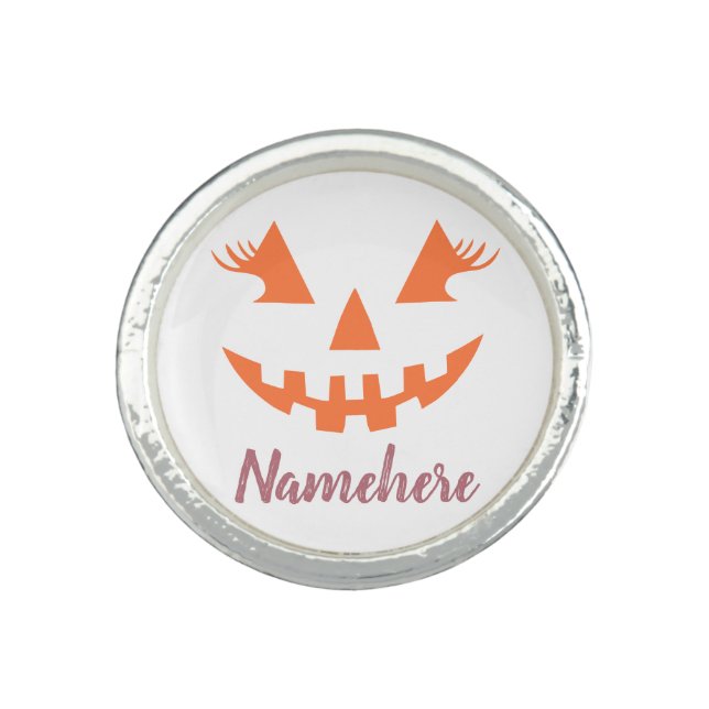 Custom Girly Jack O Lantern Pumpkin Halloween Ring (Front)