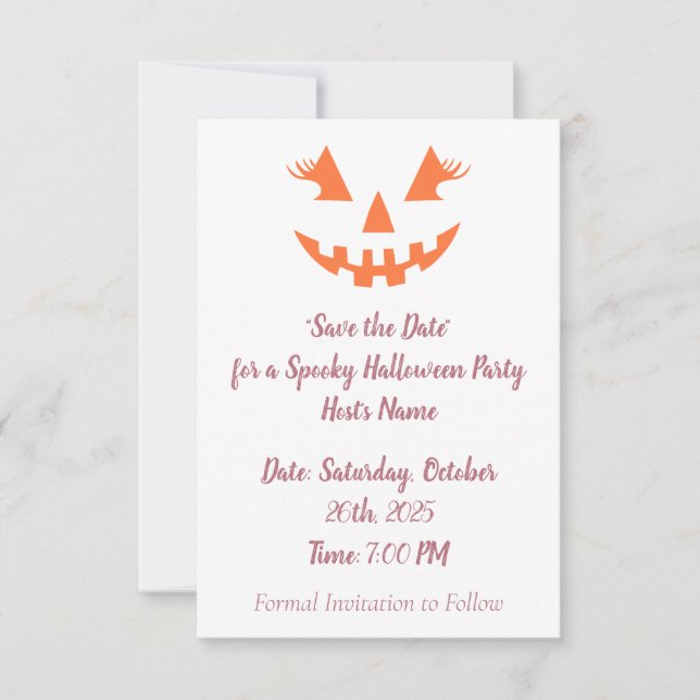 Custom Girly Jack O Lantern Pumpkin Halloween Save The Date (Front)