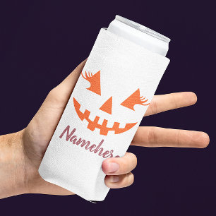 Custom Girly Jack O Lantern Pumpkin Halloween Seltzer Can Cooler