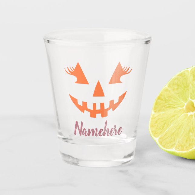 Custom Girly Jack O Lantern Pumpkin Halloween Shot Glass (Front)