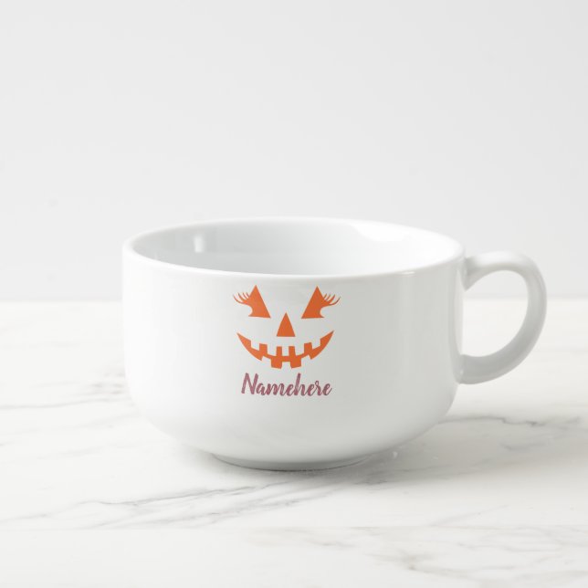 Custom Girly Jack O Lantern Pumpkin Halloween Soup Mug (Left)