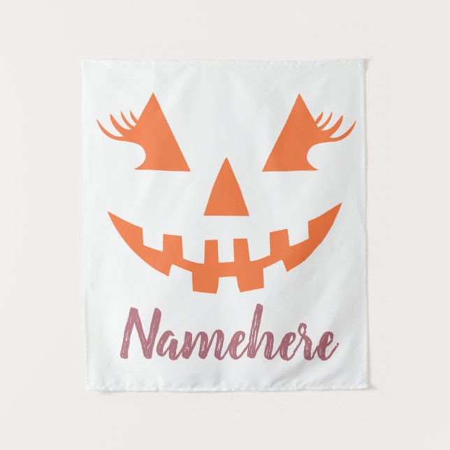 Custom Girly Jack O Lantern Pumpkin Halloween Tapestry (Front)