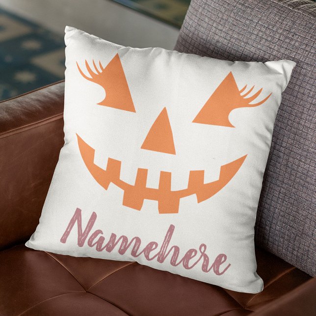 Custom Girly Jack O Lantern Pumpkin Halloween Throw Pillow (Creator Uploaded)