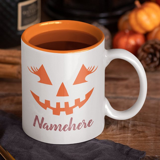 Custom Girly Jack O Lantern Pumpkin Halloween Two-Tone Coffee Mug (Creator Uploaded)