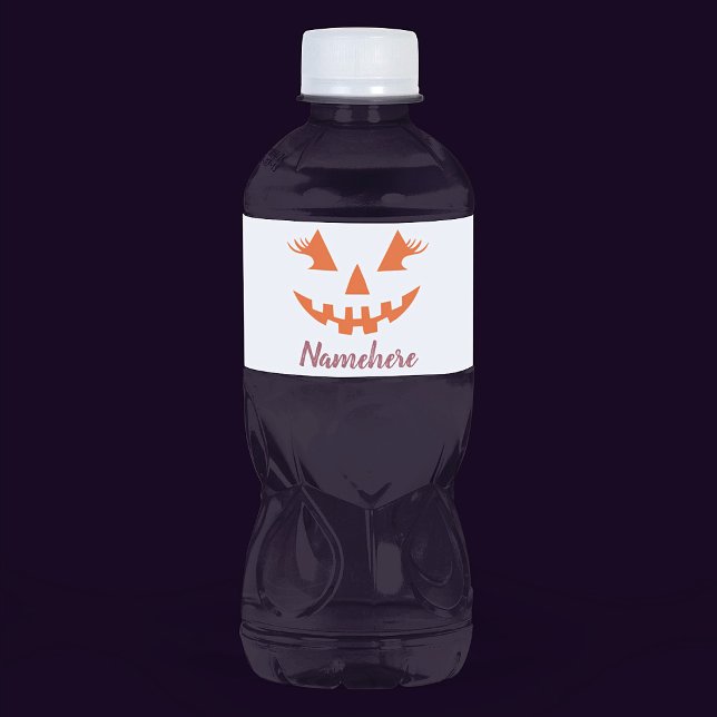 Custom Girly Jack O Lantern Pumpkin Halloween Water Bottle Label (Creator Uploaded)