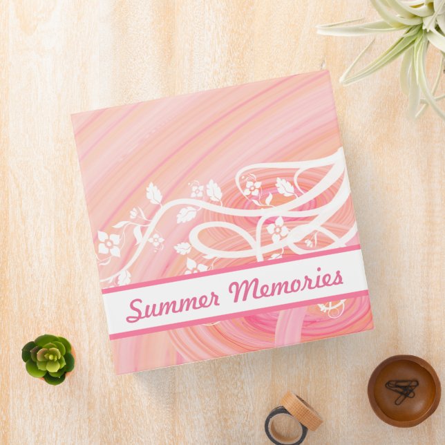 Custom Girly Peach Pink Spirals Filigree  Flowers 3 Ring Binder (In Situ)