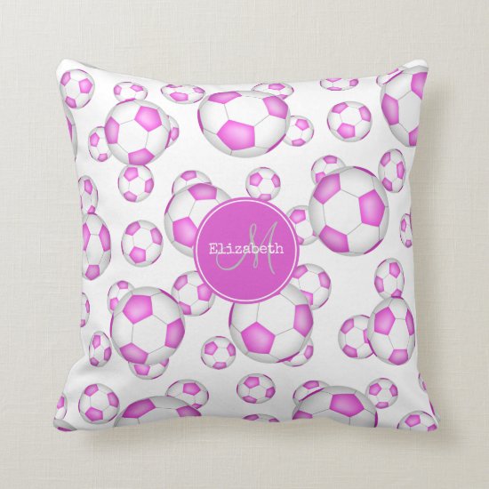custom girly pink and white soccer balls pattern throw pillow