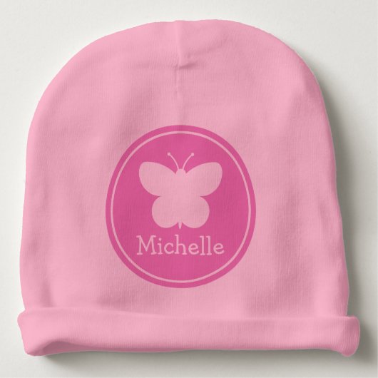 Custom girly pink baby hats with butterfly design beanie (Front)