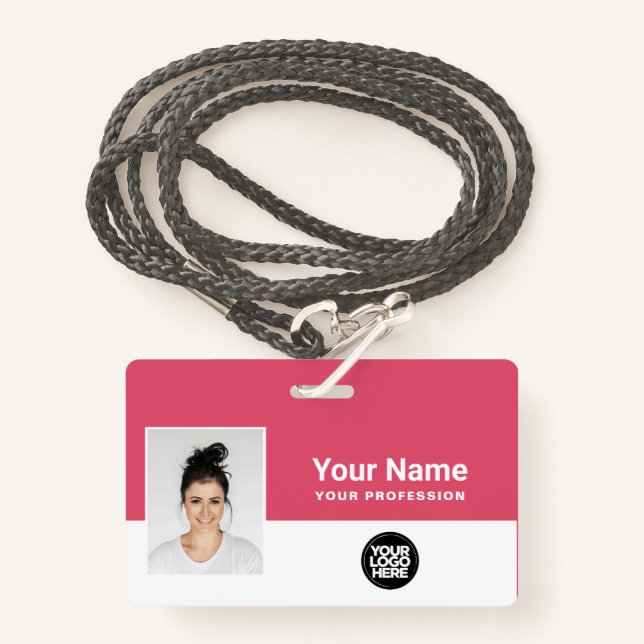 Custom Girly Pink Employee Logo Name ID Lanyard Badge (Front with Lanyard)