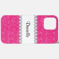 Girly Pink Glitter Blush Monogram Name Phone Case, Custom Name