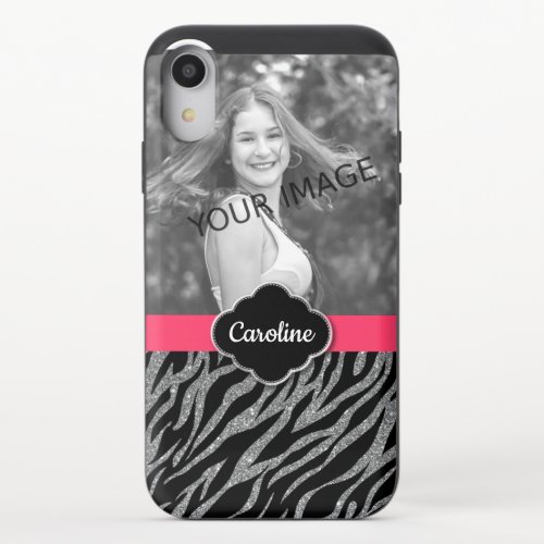 Custom Girly Pink Glitter Zebra Print Template iPhone XR Slider Case