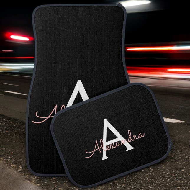 Custom Girly Rose Gold Pink Black Monogram Car Floor Mat (Creator Uploaded)