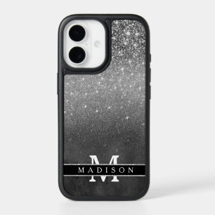 Custom Girly Silver Glitter Black Ombre Monogram iPhone 17 Case