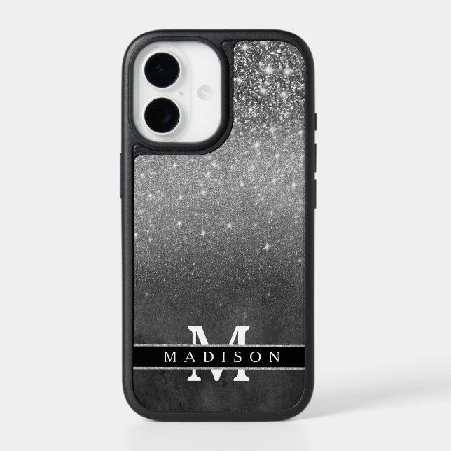 Custom Girly Silver Glitter Black Ombre Monogram  Otterbox iPhone Case (Back)