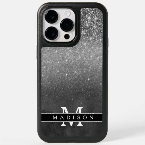 Custom Girly Silver Glitter Black Ombre Monogram  OtterBox iPhone 14 Pro Max Case