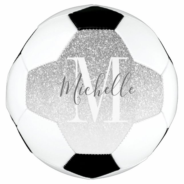 Custom Girly Silver Glitter Monogram Name Soccer Ball (Front)